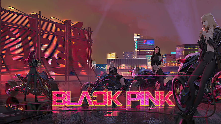 Black Pink K-Pop Group Riding Motorcycles in Neon Cyberpunk Cityscape HD wallpaper