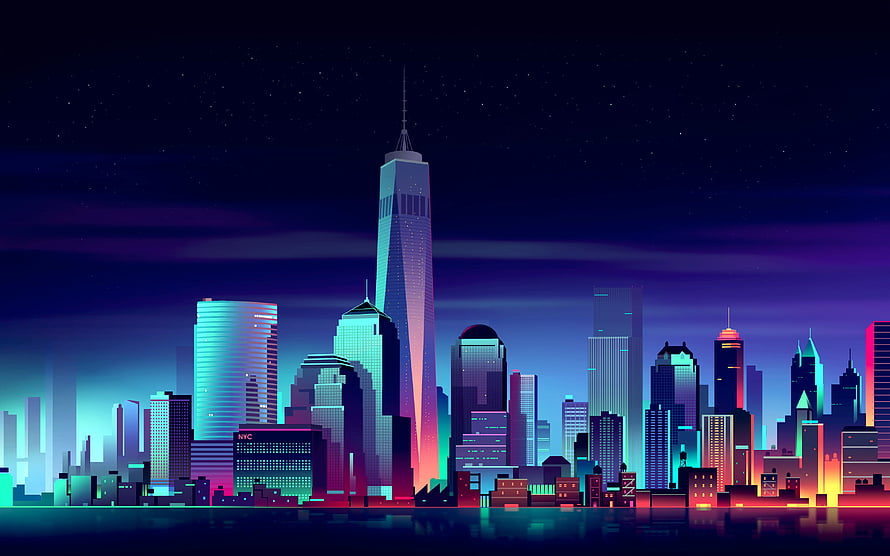Neon-lit New York City skyline at night with One World Trade Center and vibrant cyberpunk colors HD wallpaper