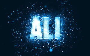 Ali Name in Glowing Blue Neon with Electric Sparks and Particle Effects on Dark Background HD wallpaper