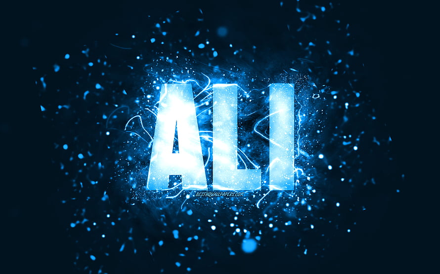 Ali Name in Glowing Blue Neon with Electric Sparks and Particle Effects on Dark Background HD wallpaper