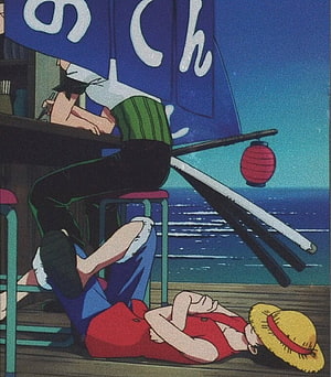 One Piece Luffy and Zoro Resting at a Seaside Bar at Night HD phone wallpaper