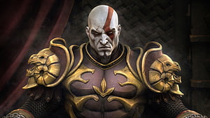 Kratos in ornate golden armor with red war paint, intense close-up portrait from God of War HD wallpaper