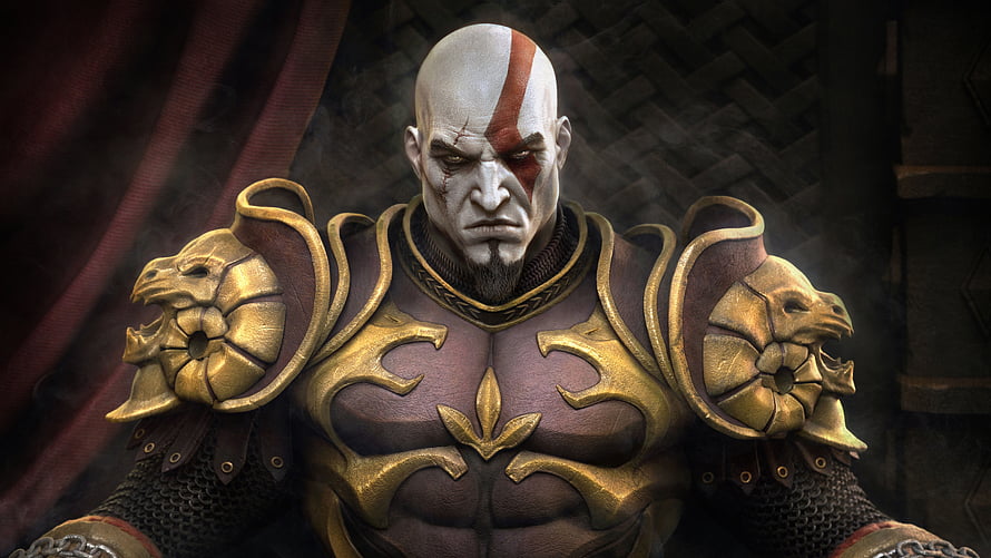 Kratos in ornate golden armor with red war paint, intense close-up portrait from God of War HD wallpaper