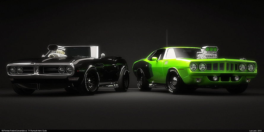 1968 Pontiac Firebird Convertible and 1971 Plymouth Hemi Cuda Muscle Cars HD wallpaper