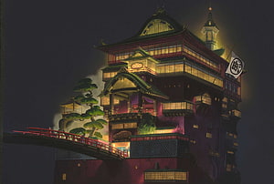 Spirited Away Bathhouse at Night with Glowing Windows and Red Bridge HD wallpaper