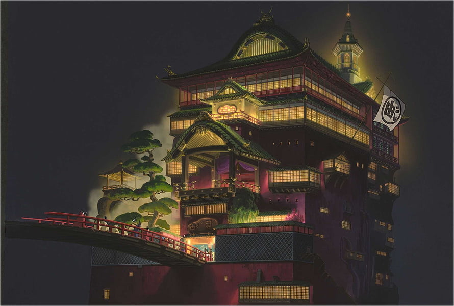 Spirited Away Bathhouse at Night with Glowing Windows and Red Bridge HD wallpaper