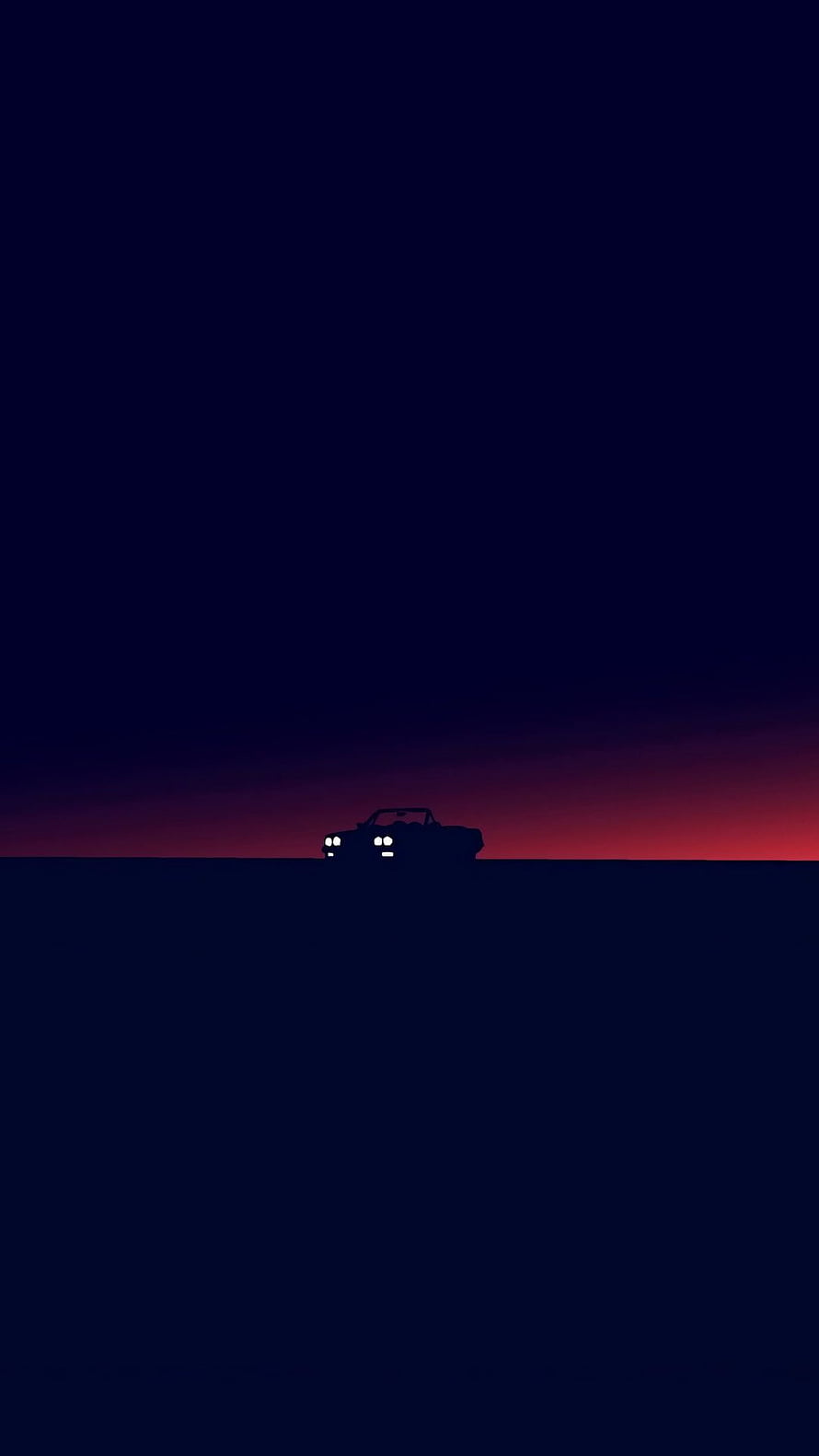 Silhouette of a car with headlights on against a dark blue and red sunset sky HD phone wallpaper