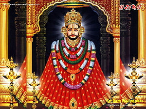 Sri Ram Divine Portrait in Red Robes and Golden Crown with Flower Garlands HD wallpaper
