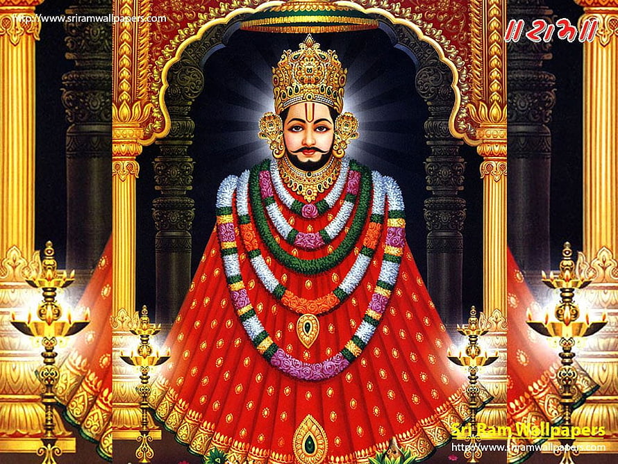 Sri Ram Divine Portrait in Red Robes and Golden Crown with Flower Garlands HD wallpaper