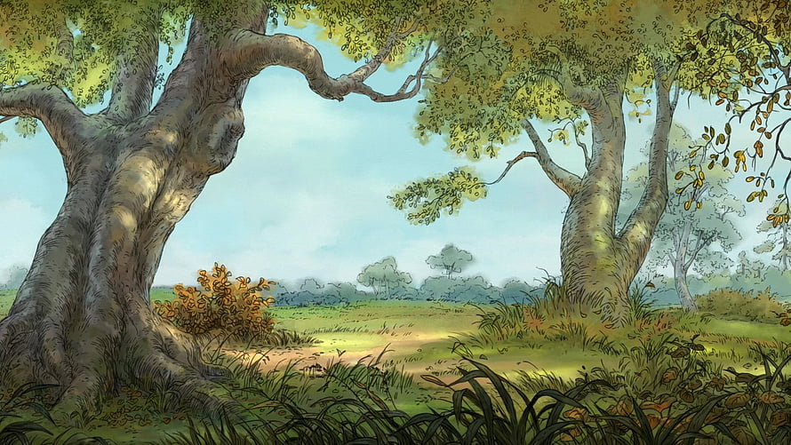 Winnie the Pooh Hundred Acre Wood Forest Scene with Large Oak Trees and Sunlit Meadow HD wallpaper