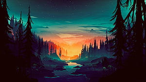 Digital Art Sunset Over Pine Forest River Landscape HD wallpaper