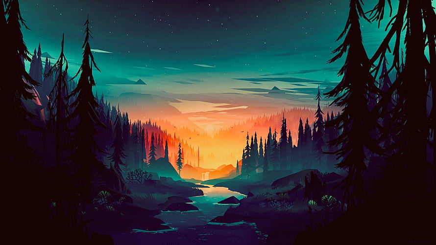 Digital Art Sunset Over Pine Forest River Landscape HD wallpaper