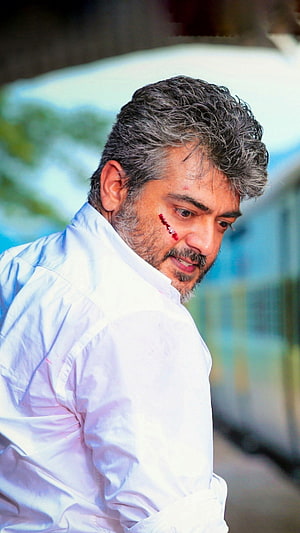 Man with Gray Hair and Beard Wearing White Shirt with Blood on Face, Ajith Kumar, tamil actor, thala HD phone wallpaper
