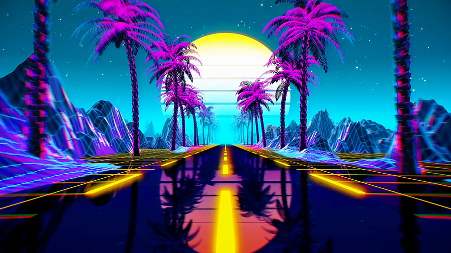 Neon Retro Futuristic Sunset Highway with Purple Palm Trees and Grid Landscape HD wallpaper