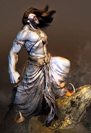 3D Render of a Muscular Blue-Skinned Demon Warrior with Golden Jewelry HD phone wallpaper