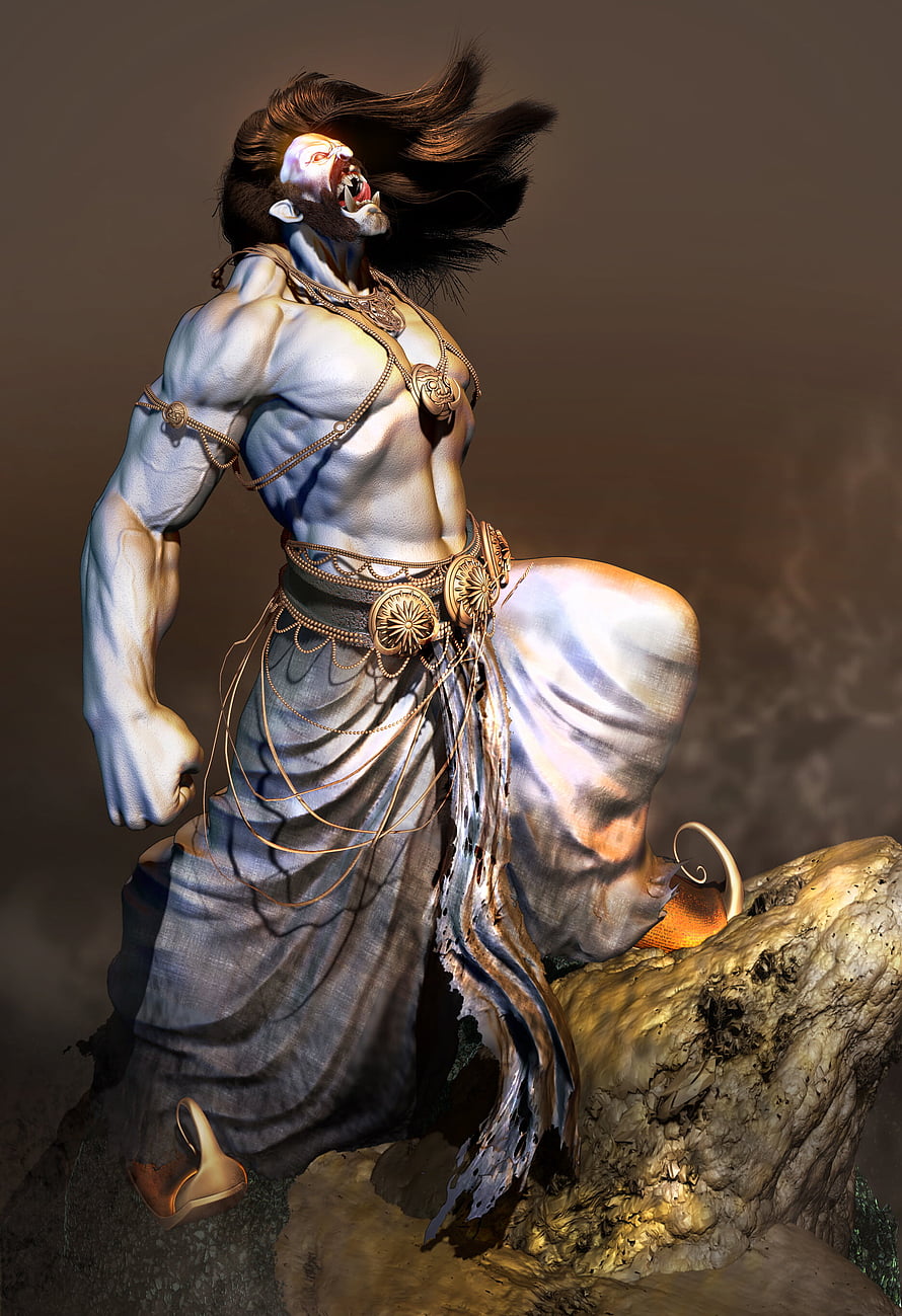 3D Render of a Muscular Blue-Skinned Demon Warrior with Golden Jewelry HD phone wallpaper