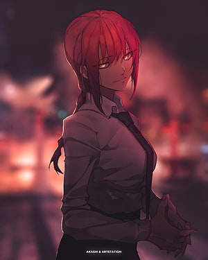 Makima from Chainsaw Man in a white shirt and tie with glowing eyes against a fiery red background, Makima | Chainsaw Man, animefanart, chainsawman, anime, AnimeEdit, anime, animexreality HD phone wallpaper
