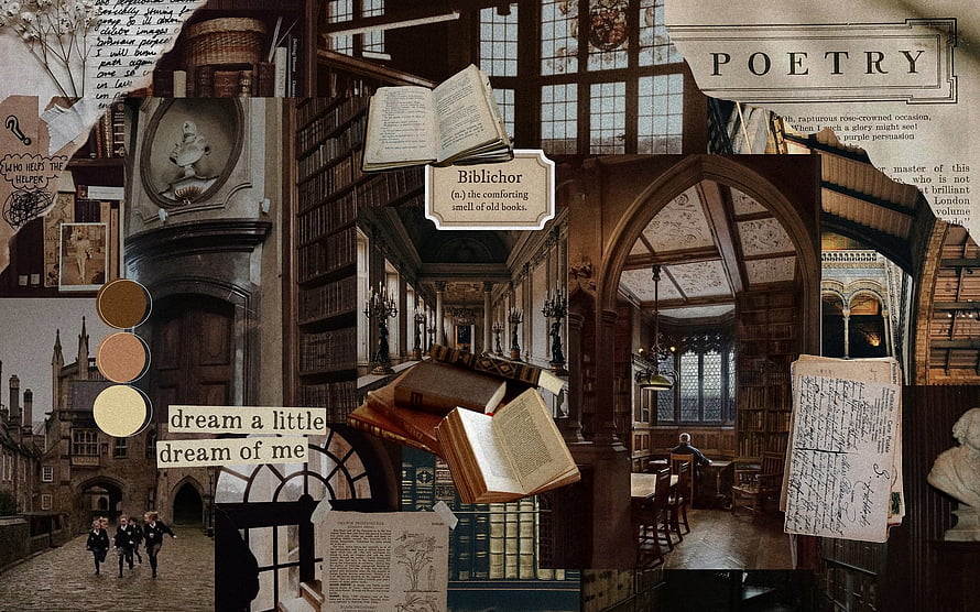 Dark Academia Library Collage with Vintage Books and Gothic Architecture HD wallpaper