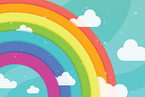 Colorful Paper Cut Rainbow with Fluffy Clouds and Sparkles on Teal Sky HD wallpaper