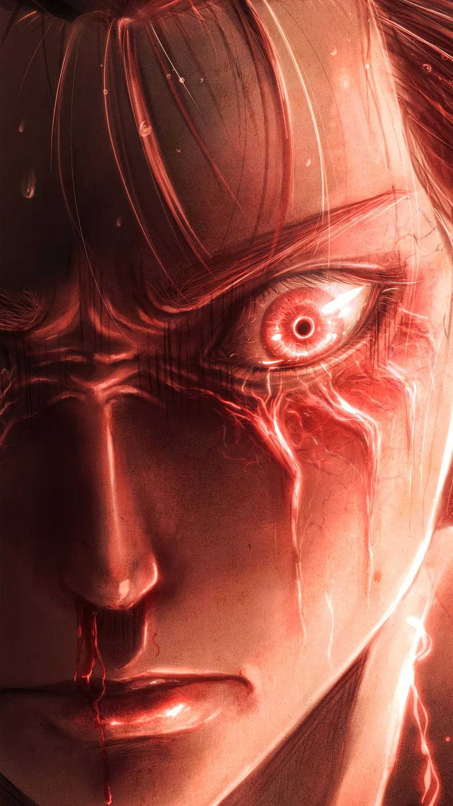Intense Anime Character Portrait With Glowing Red Eye And Blood Tears HD phone wallpaper