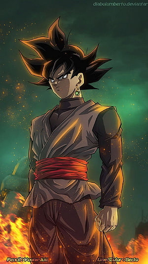 Black Goku Anime Character Artwork with Fiery Background and Dark Aura HD phone wallpaper