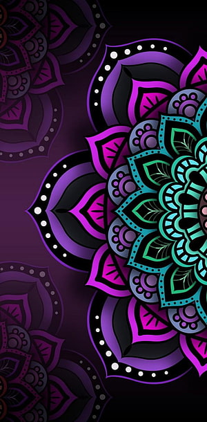 Neon Purple and Teal Mandala Pattern with Intricate Floral Petals on Dark Background HD phone wallpaper