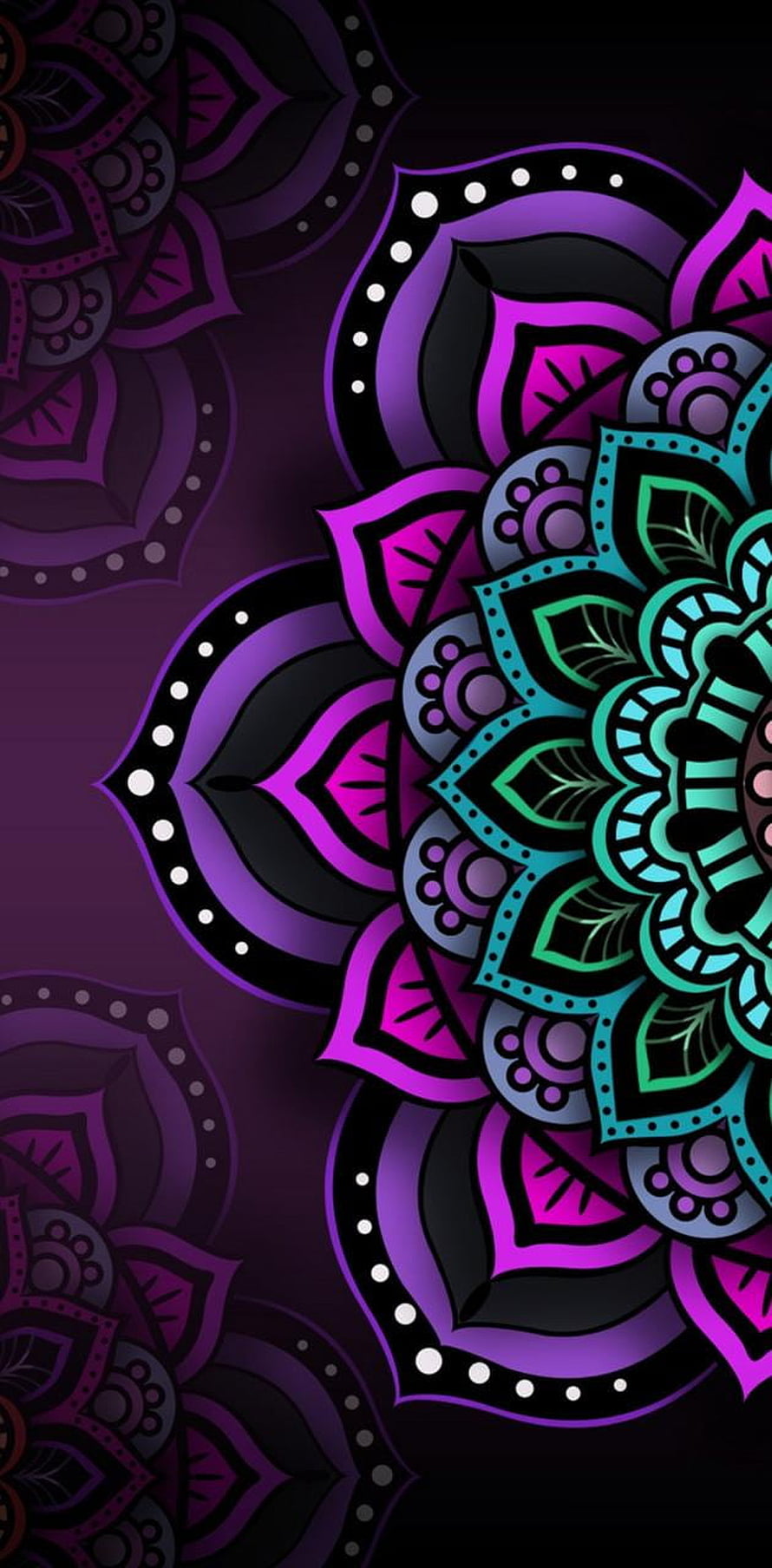 Neon Purple and Teal Mandala Pattern with Intricate Floral Petals on Dark Background HD phone wallpaper