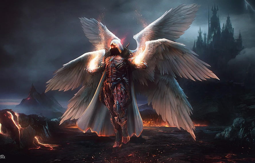Dark Fantasy Angel Warrior With Glowing Wings Standing In Volcanic Landscape HD wallpaper