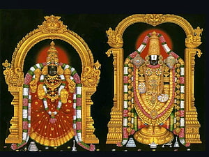 Venkateswara Swamy and Lakshmi Devi in ornate golden temple arches with floral garlands HD wallpaper