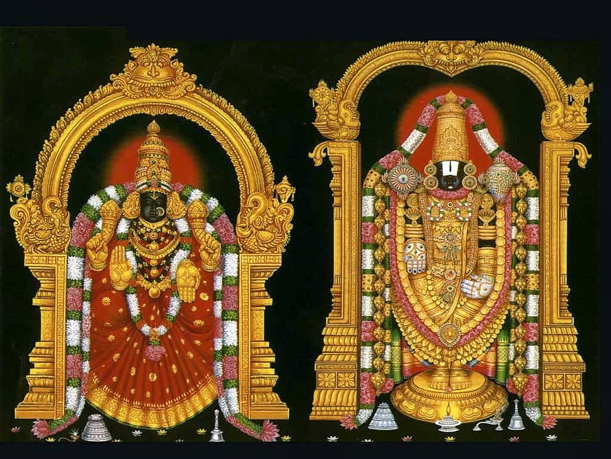 Venkateswara Swamy and Lakshmi Devi in ornate golden temple arches with floral garlands HD wallpaper