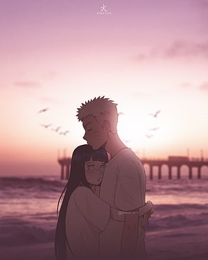 Naruto and Hinata embracing on the beach at sunset with a pier in the background HD phone wallpaper