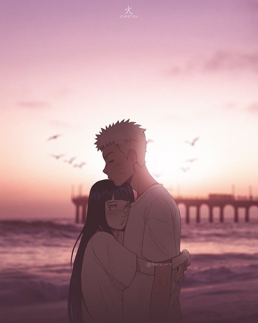 Naruto and Hinata embracing on the beach at sunset with a pier in the background HD phone wallpaper