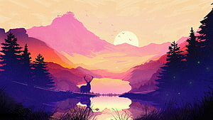 Stylized Deer Silhouette in Mountain Valley at Sunset with Lake Reflection HD wallpaper