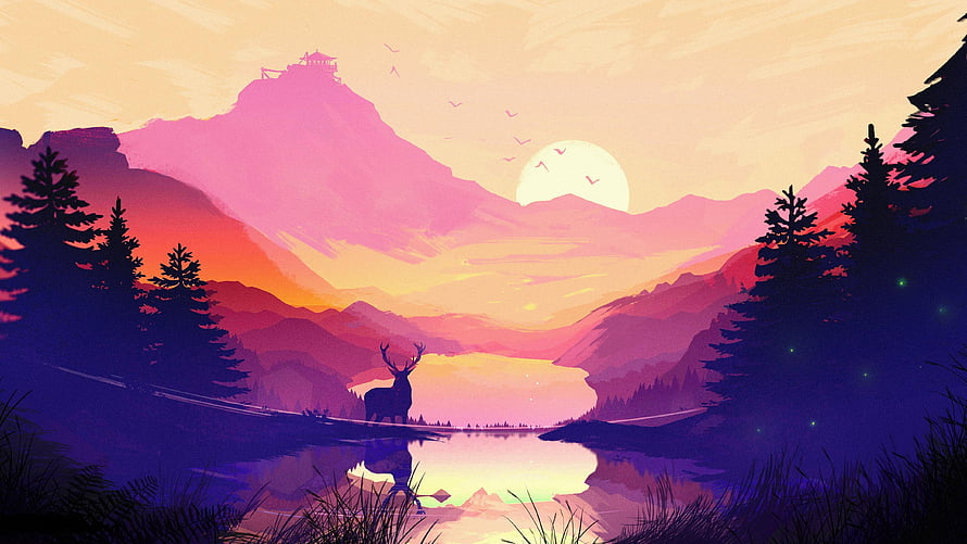 Stylized Deer Silhouette in Mountain Valley at Sunset with Lake Reflection HD wallpaper