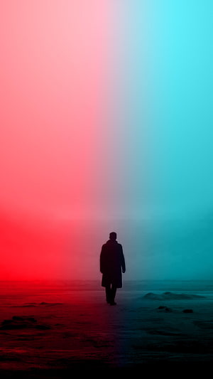 Silhouette of a man walking on a beach with a dramatic red and blue gradient sky background, Blade Runner 2049 , Blade HD phone wallpaper