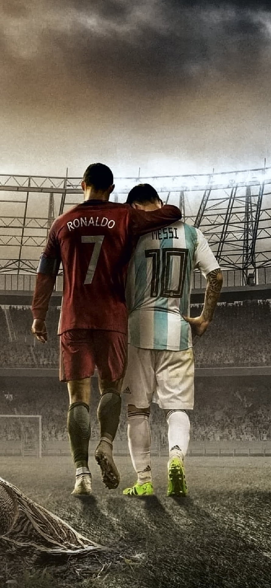 Cristiano Ronaldo and Lionel Messi Walking Together on Soccer Field HD phone wallpaper