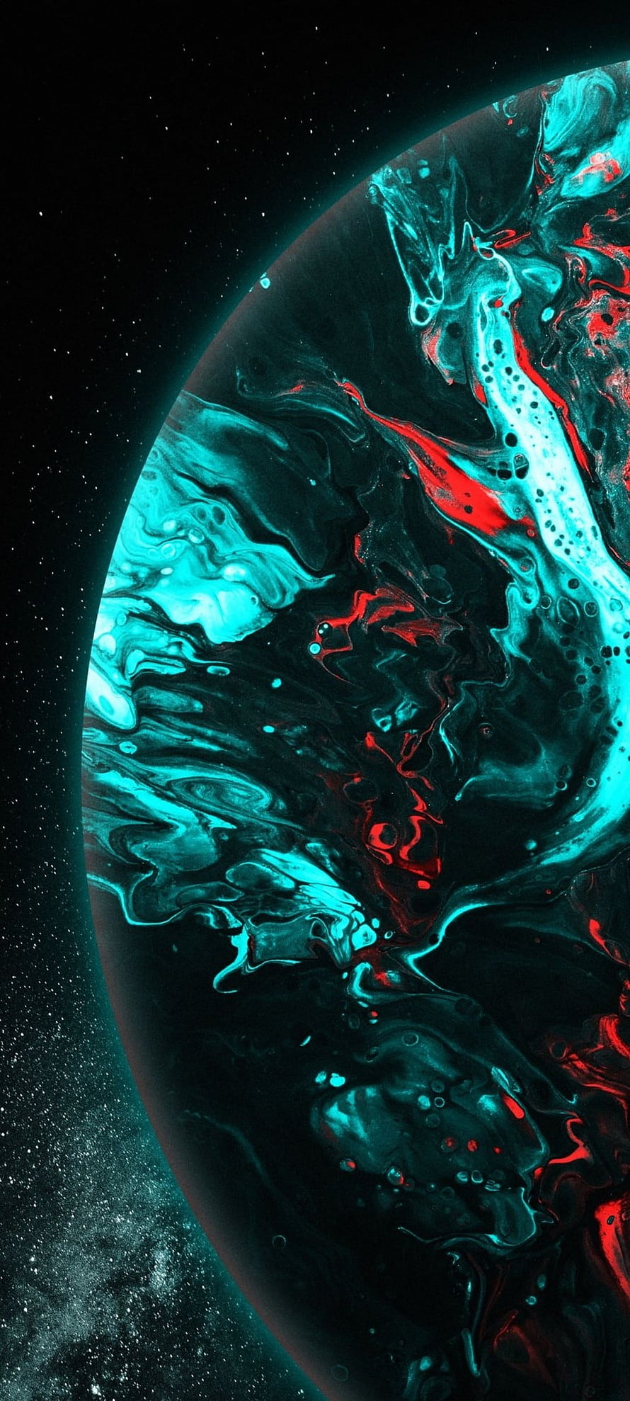 Vibrant Fluid Abstract Planet in Deep Space with Cyan and Red Swirls HD phone wallpaper