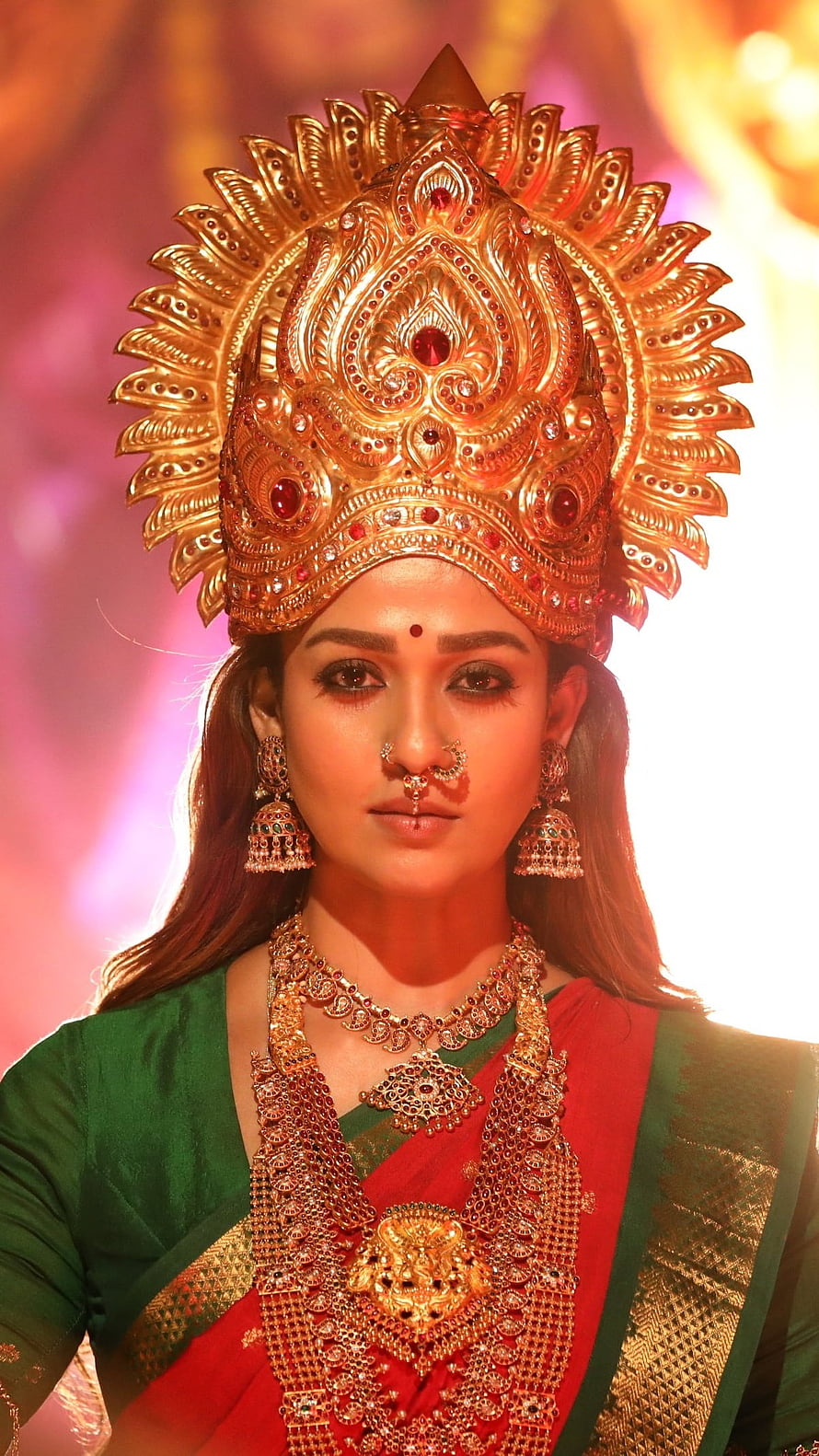 Nayanthara in Traditional Indian Attire with Ornate Gold Crown and Jewelry HD phone wallpaper