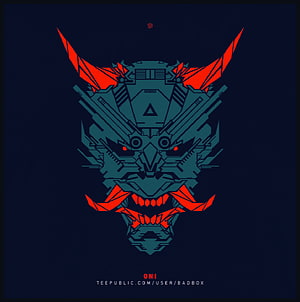 Cyberpunk Oni Demon Mask Vector Illustration with Red Horns and Glowing Eyes HD phone wallpaper