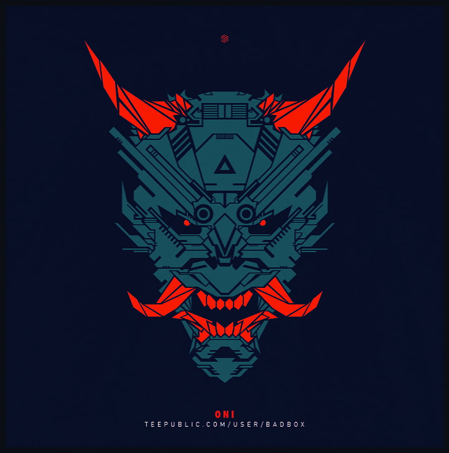 Cyberpunk Oni Demon Mask Vector Illustration with Red Horns and Glowing Eyes HD phone wallpaper