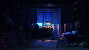 Dark Blue Bedroom Interior With Rainy Window And Glowing Computer Screen HD wallpaper