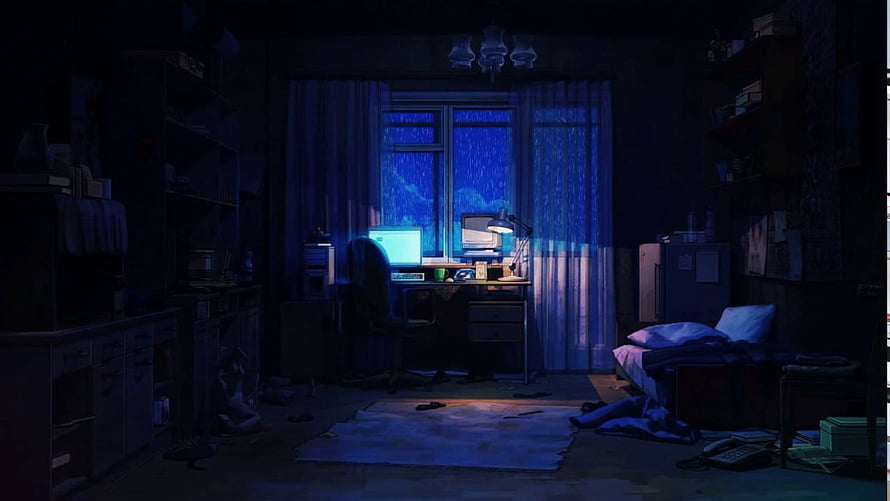 Dark Blue Bedroom Interior With Rainy Window And Glowing Computer Screen HD wallpaper