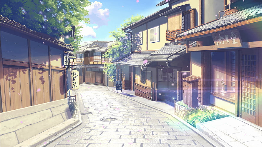 Sunny Traditional Japanese Street Scene With Wooden Buildings And Falling Cherry Blossoms HD wallpaper