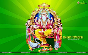 Bhagwan Vishwakarma Hindu God Illustration with Devotees and Swan on Green Background HD wallpaper