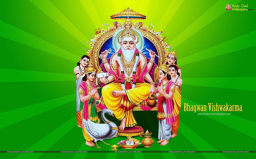 Bhagwan Vishwakarma Hindu God Illustration with Devotees and Swan on Green Background HD wallpaper