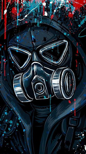 Dark Gas Mask Character With Red And Blue Paint Splatters HD phone wallpaper