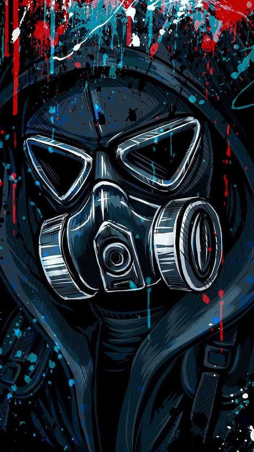 Dark Gas Mask Character With Red And Blue Paint Splatters HD phone wallpaper