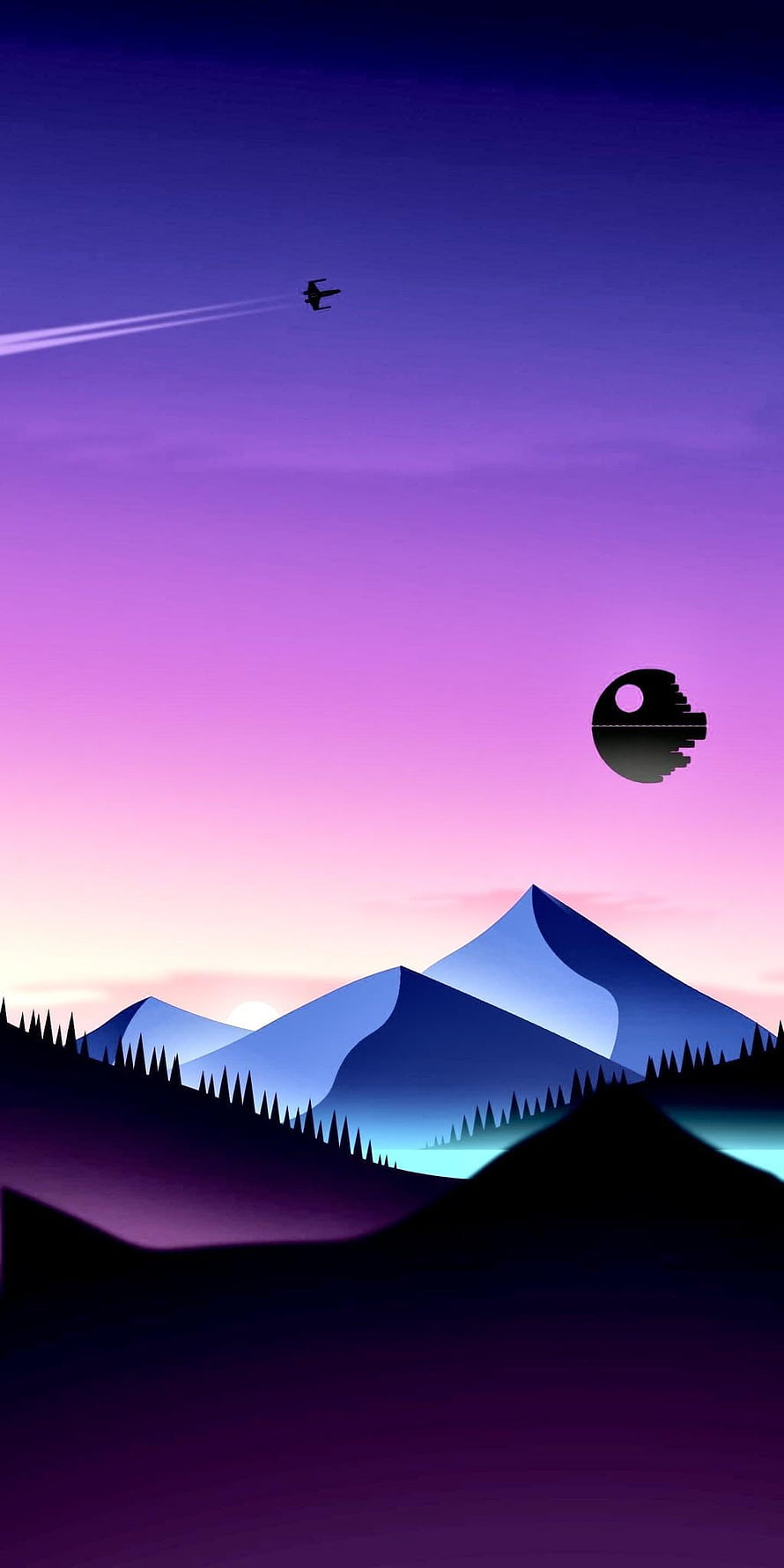 Star Wars Death Star Sunset Minimalist Mountain Landscape Wallpaper HD phone wallpaper