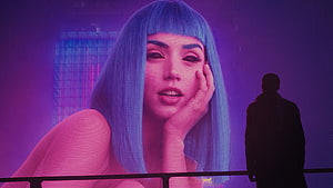 Silhouette of a man standing before a giant neon billboard of a woman with blue hair in a cyberpunk city, Joi Blade Runner 2049, Movies, , , Background, and HD wallpaper