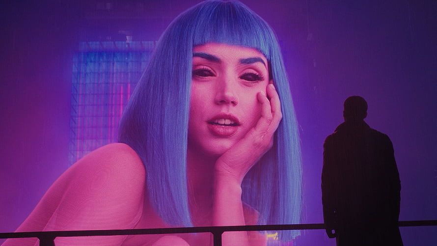 Silhouette of a man standing before a giant neon billboard of a woman with blue hair in a cyberpunk city, Joi Blade Runner 2049, Movies, , , Background, and HD wallpaper